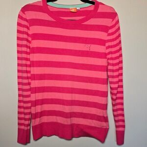 Puma Sport Lifestyle Womens L Pink Striped Long Sleeve Crew Neck Pullover Top